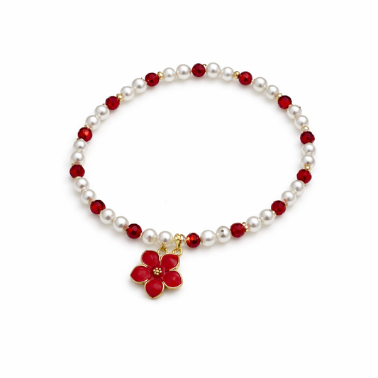 Pulsera perlas con cristales rojos y flor