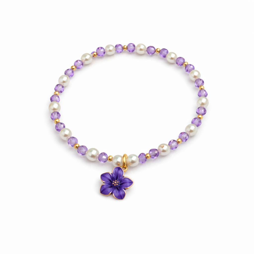 Pulsera perlas con cristales morados y flor