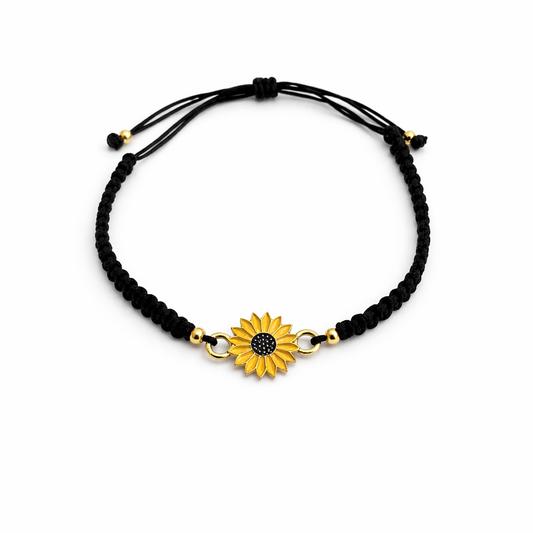 Pulsera girasol dorado con cordón negro