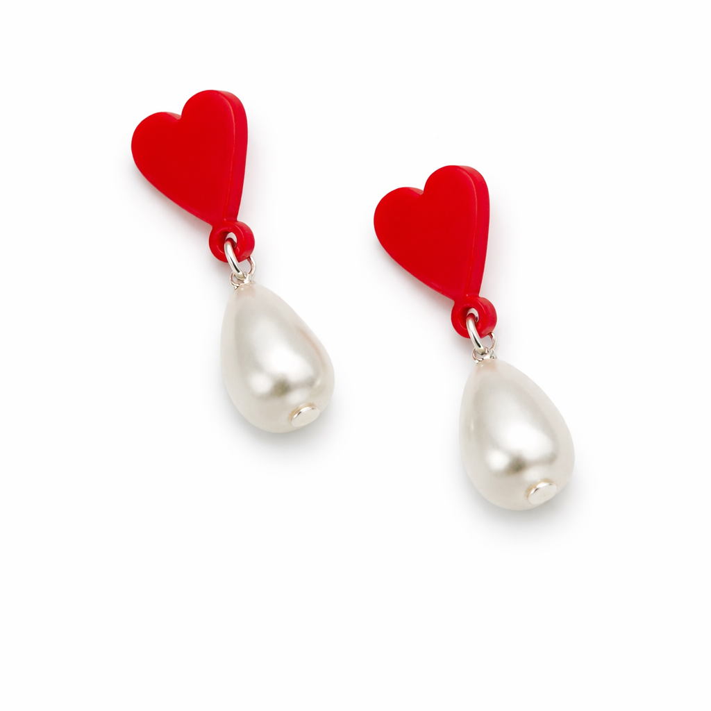 Aretes corazón rojo con perla